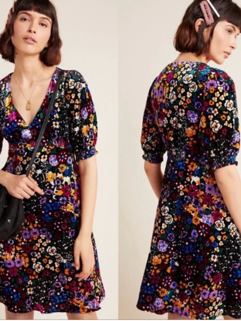 Anthropologie Francie Dress Mini Floral Velvet Short Sleeves V Neck Black Size 2